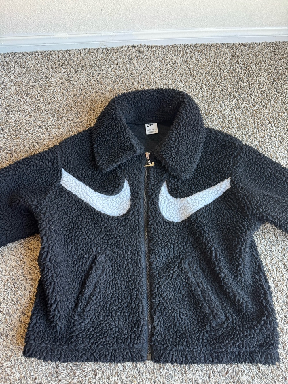Nike Black Zip-Up Sherpa Jacket with White Logo